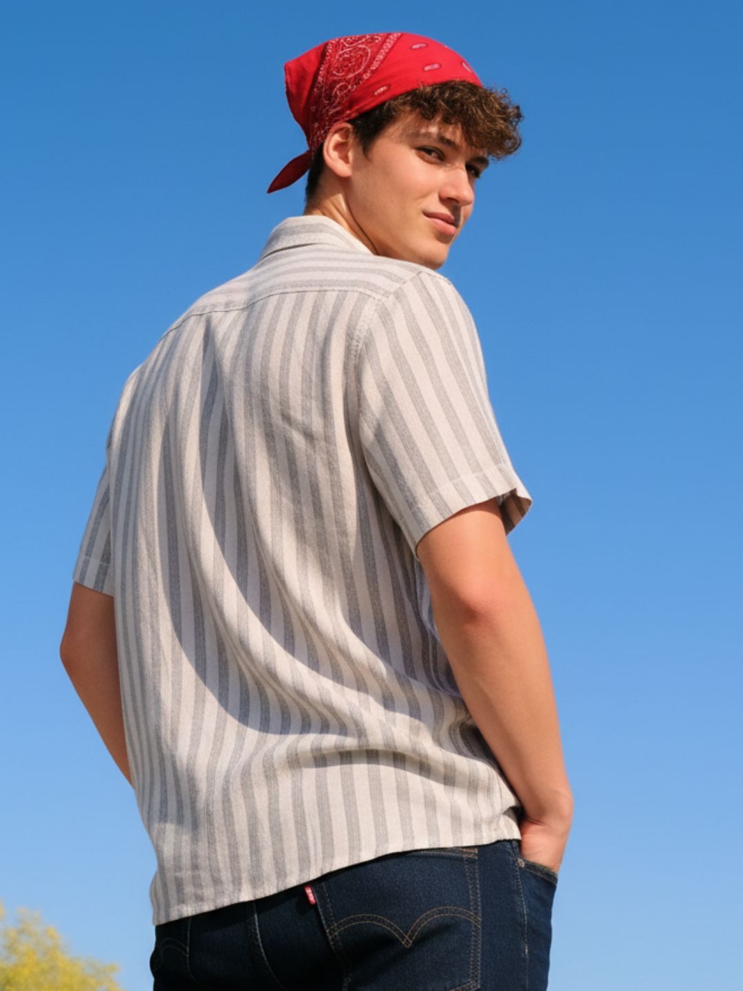 Men Sage Green Striped Linen Shirt