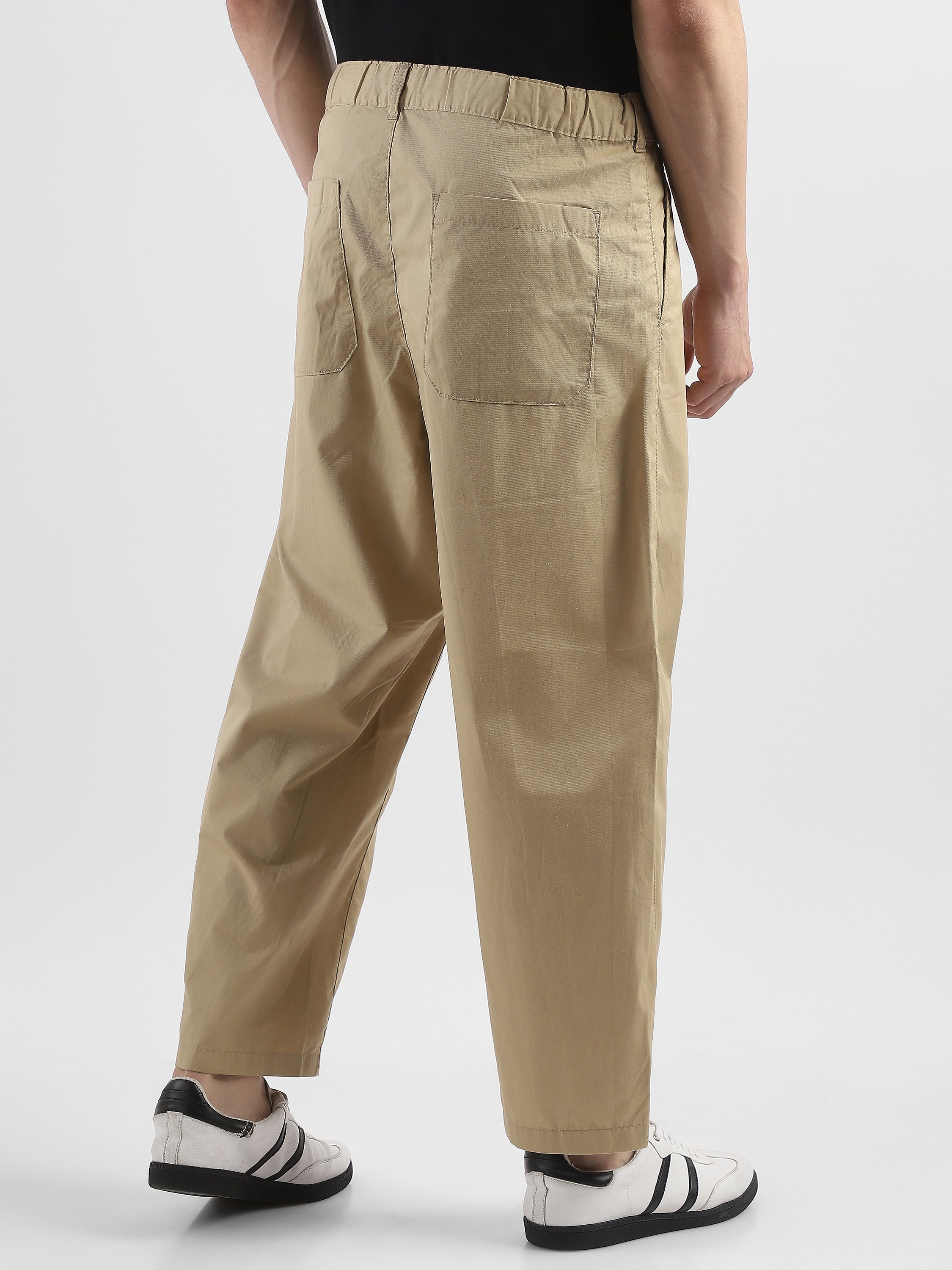 Men Beige Pleated Mid Rise Comfort Fit Trousers