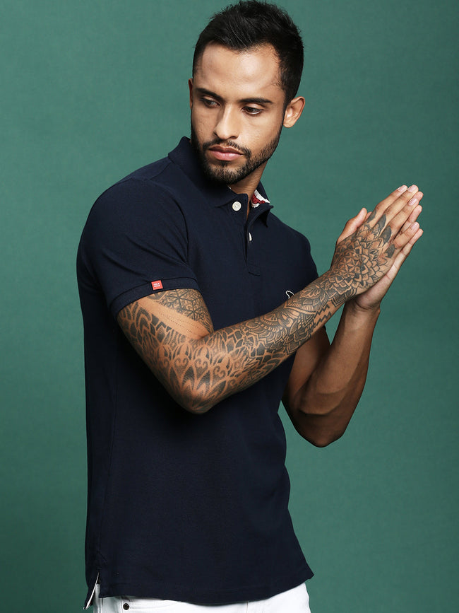 Men Navy Cotton Solid T-Shirt