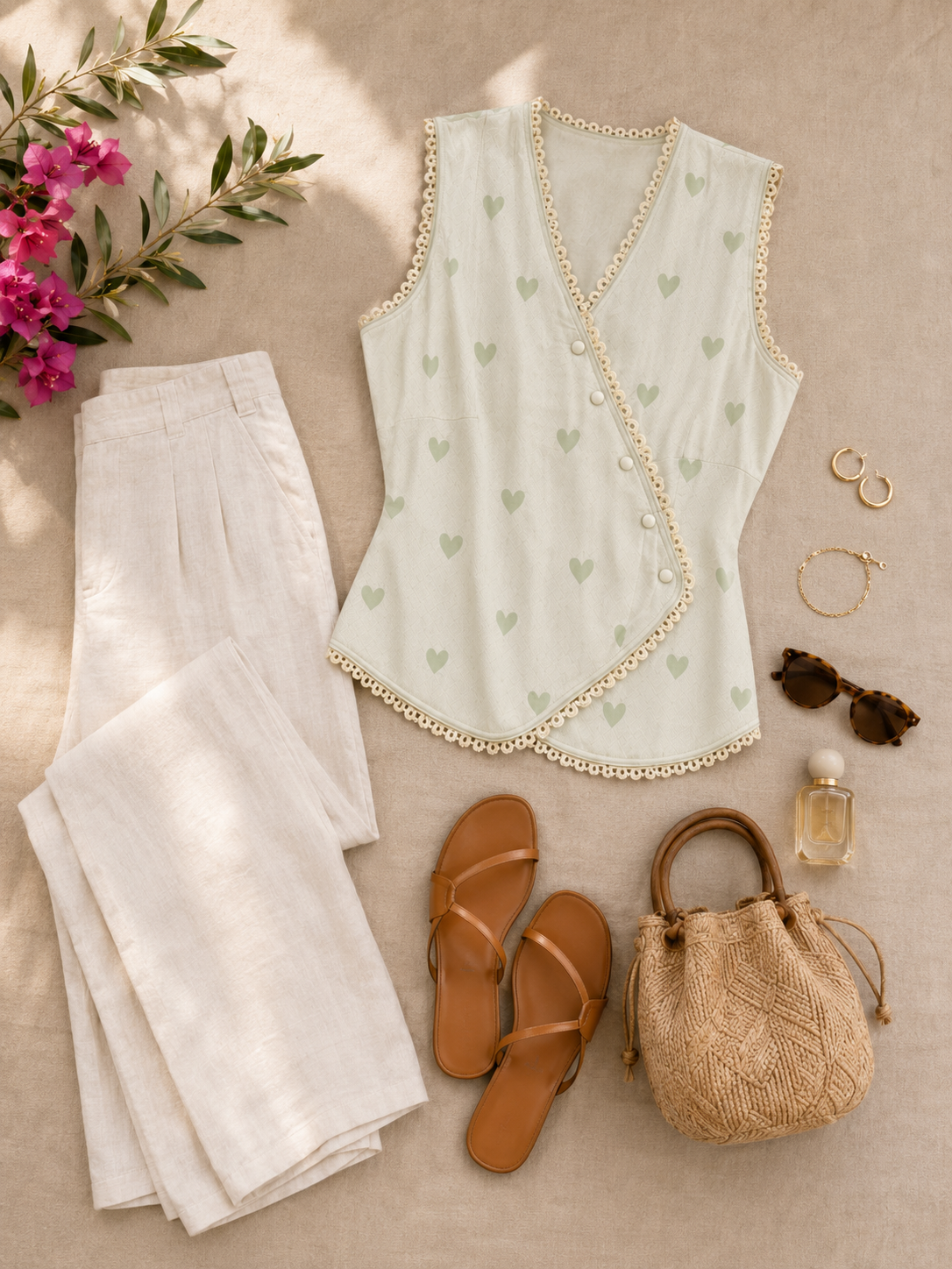 Women Heart Print Lace Trim Wrap Top