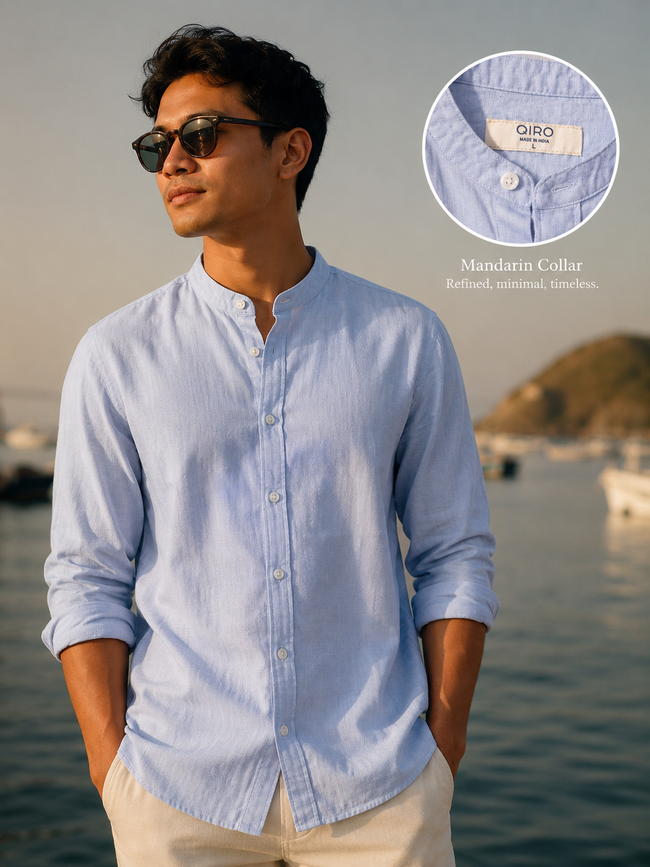 Men Light Blue Linen Band Collar Shirt