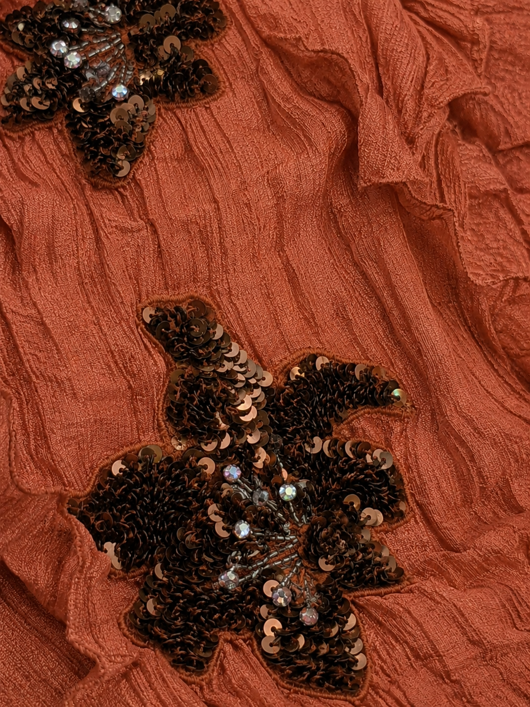 Women Rust Sequin Embroidered Ruffle Detail Tiered Dress