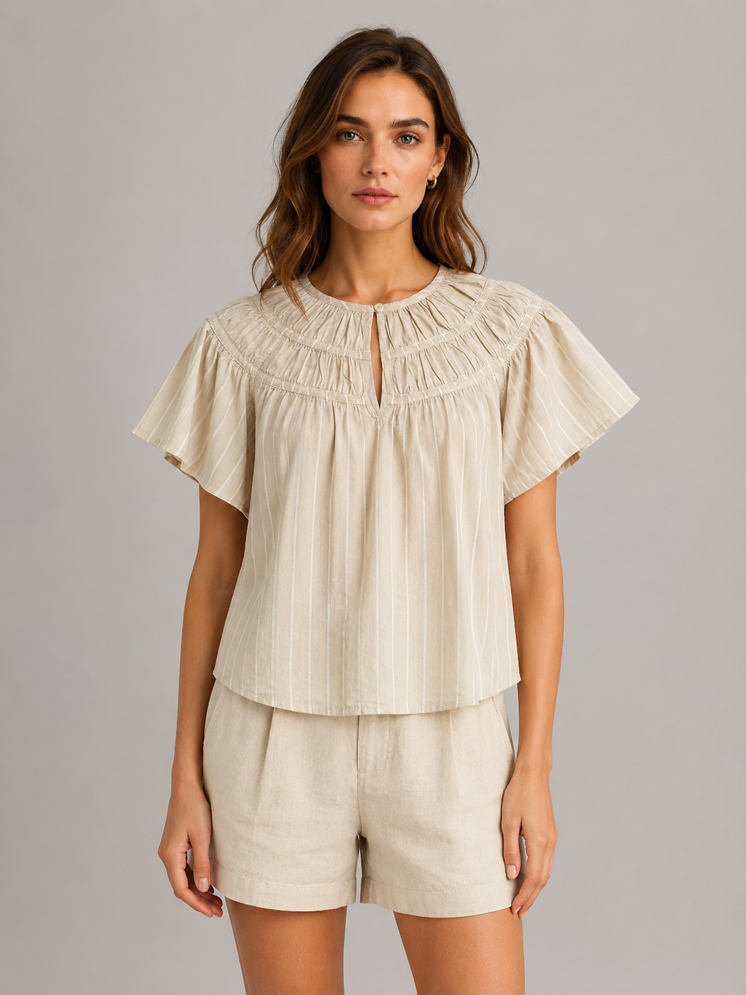 Women Beige Smocked Neck Top