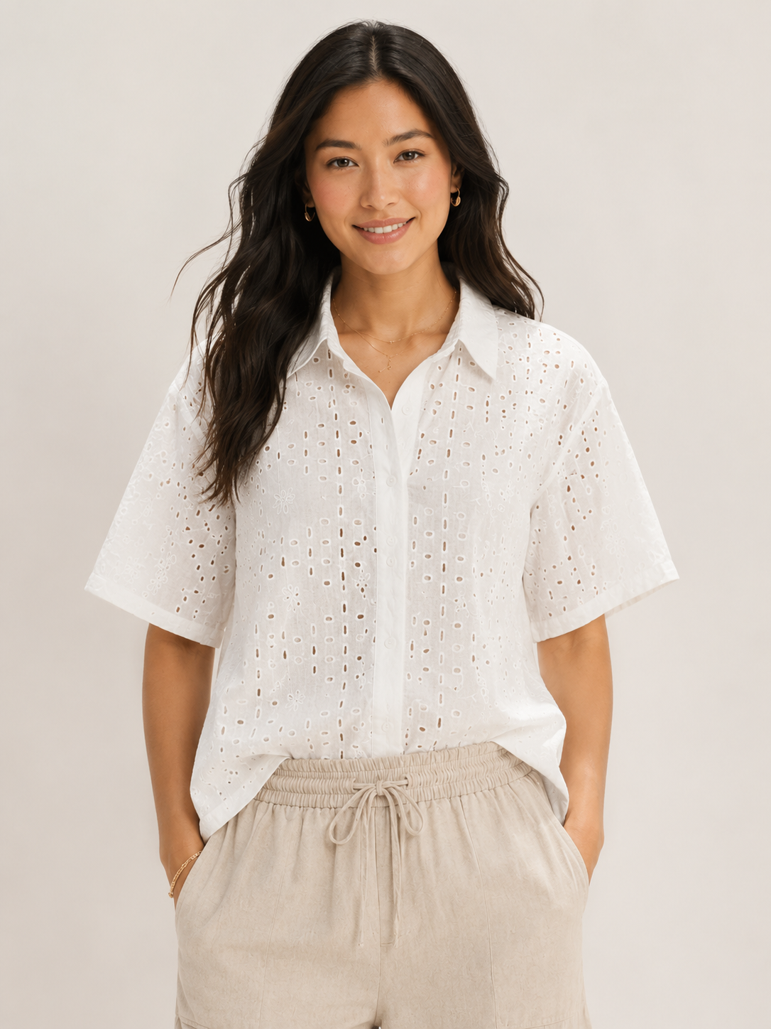 Women White Diamond Shiffli Boxy Shirt