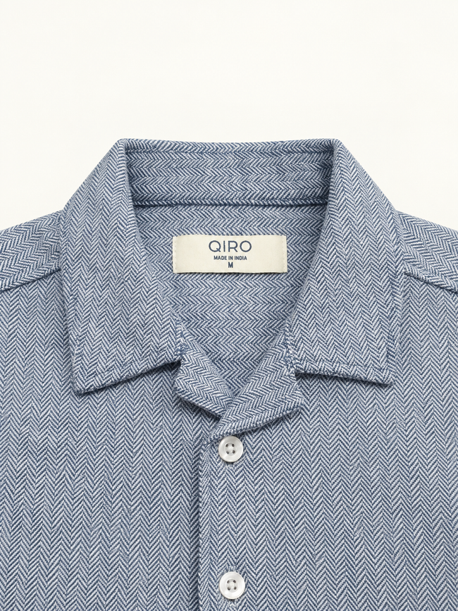 Men Blue Chevron Cuban Collar Shirt