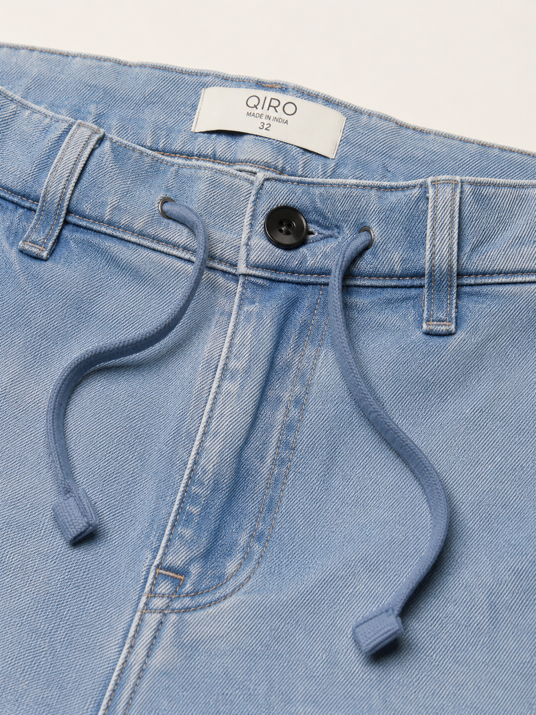 Men Light Blue Drawstring Denim Jeans