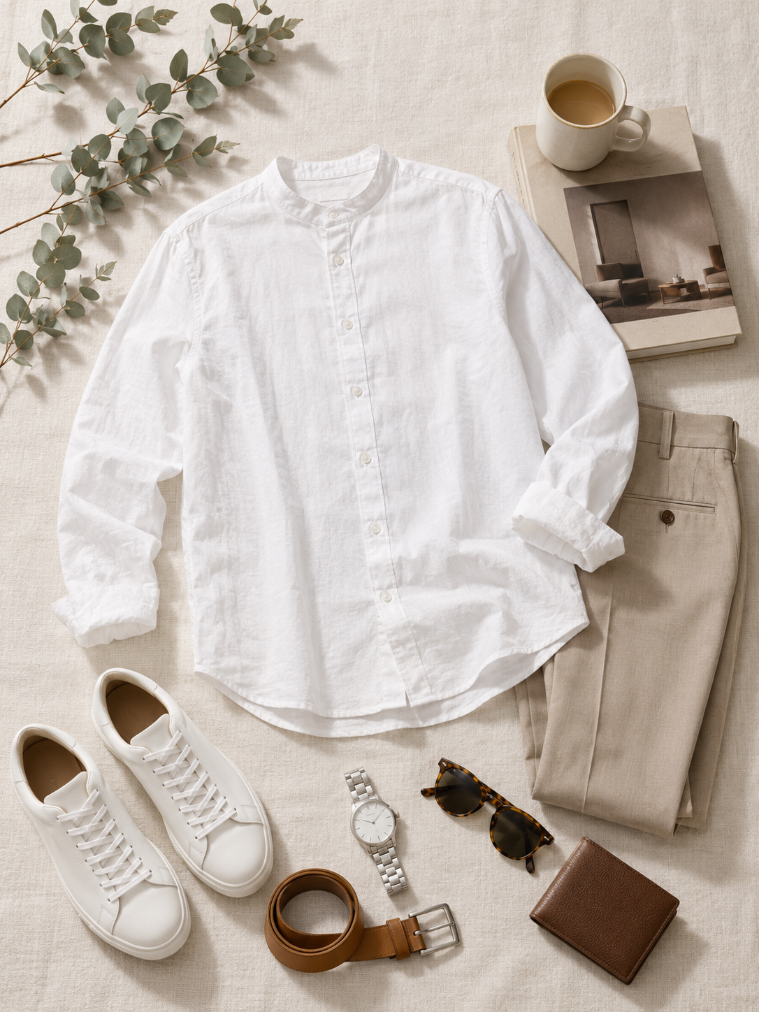 Men White Linen Essential Mandarin Shirt