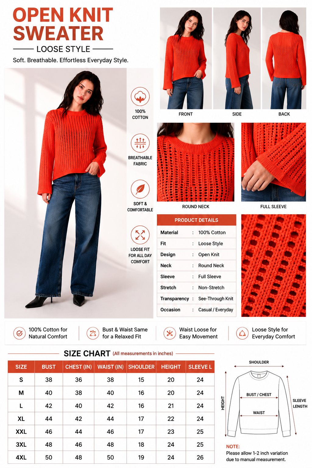 Women Orange Open Knit Sweater