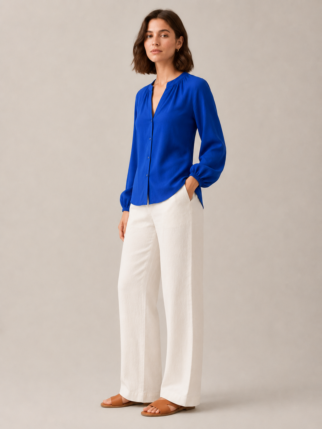 Women Blue Balloon Sleeve Relaxed Shirt