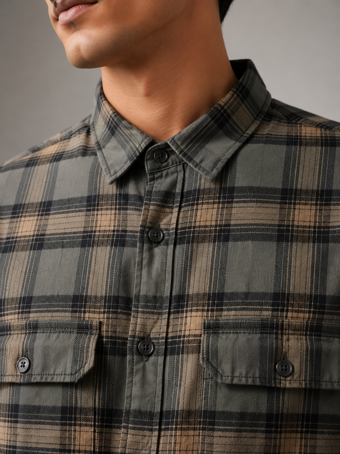 Men Vintage Green Plaid Shirt