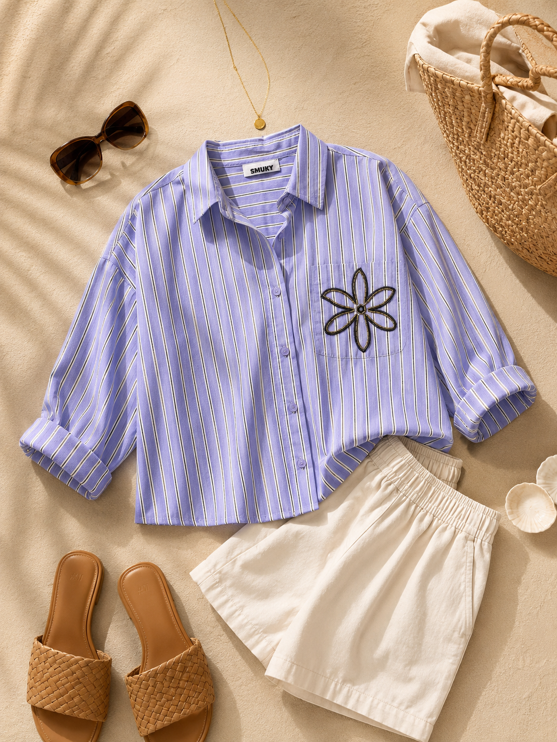 Women Lavender Stripe Embroidered Shirt