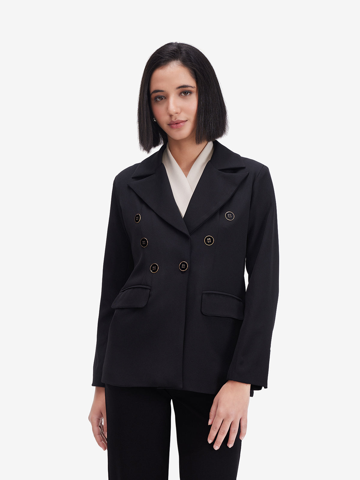 Women Classic Black Double-Breasted Blazer