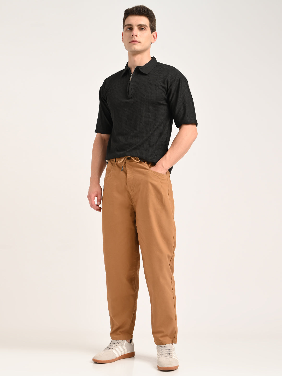 Men Relaxed Cotton Trousers with Drawcord