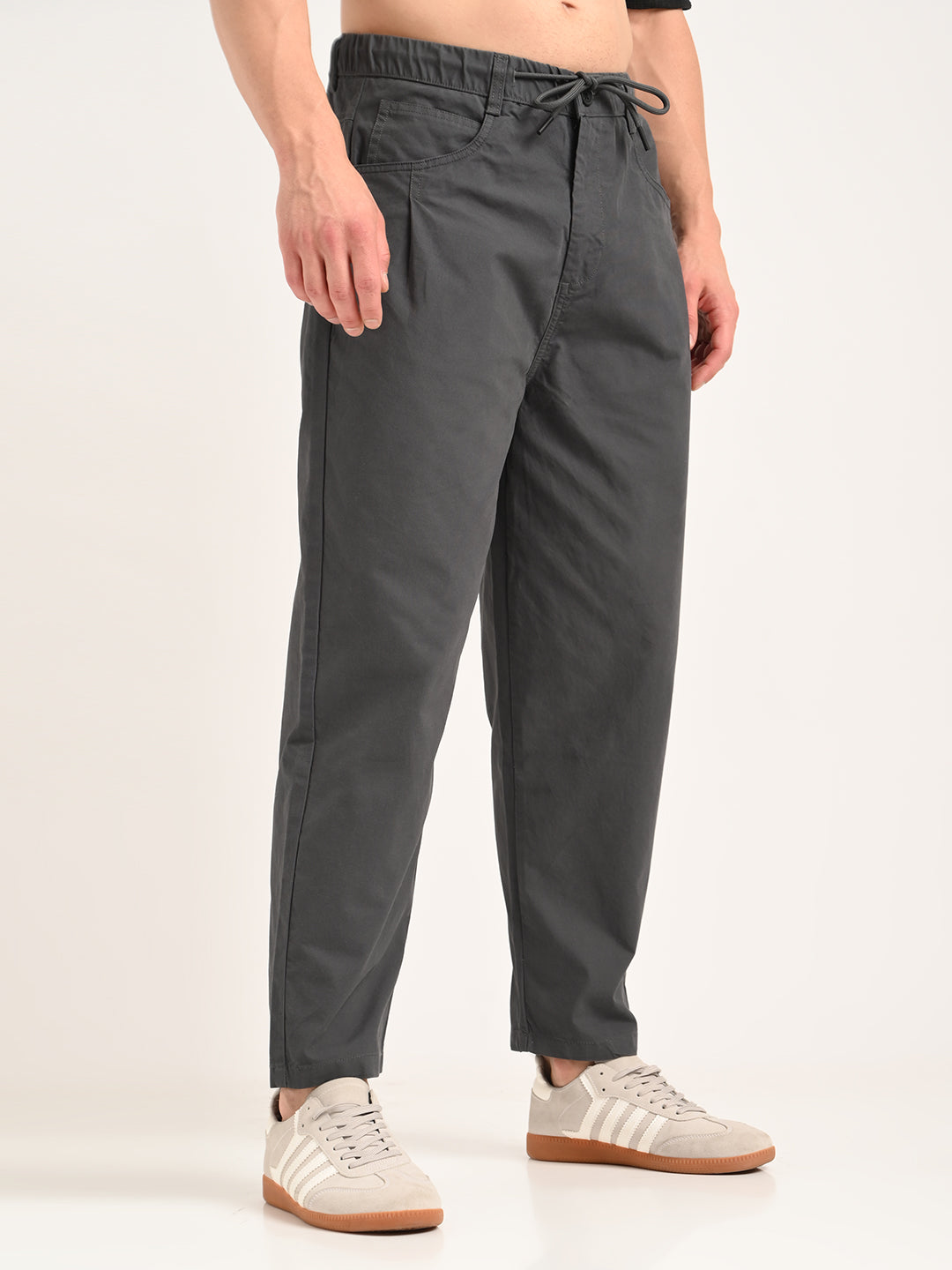 Men Relaxed Cotton Trousers with Drawcord