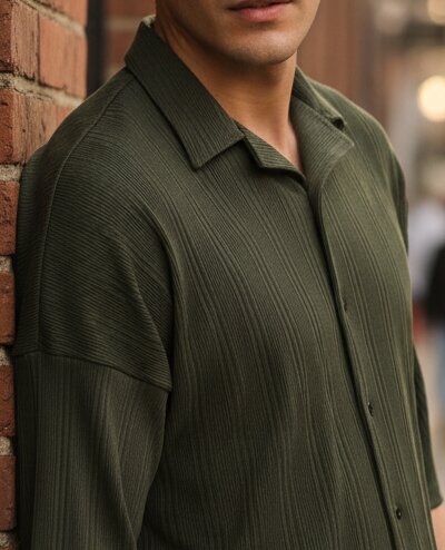 Men Olive  Button Down Collar Shirt