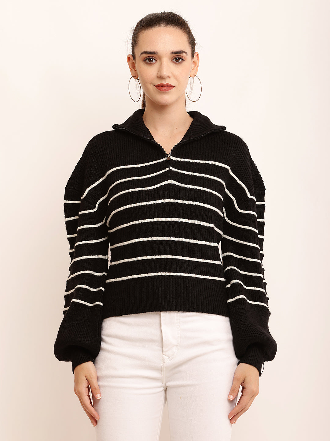 Women Stripped Zip Pullover