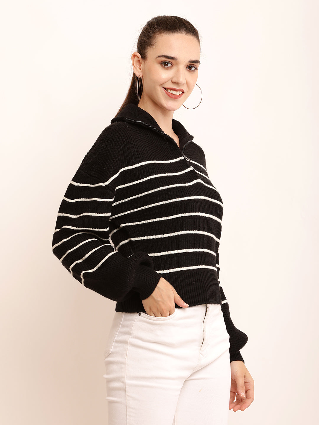 Women Stripped Zip Pullover