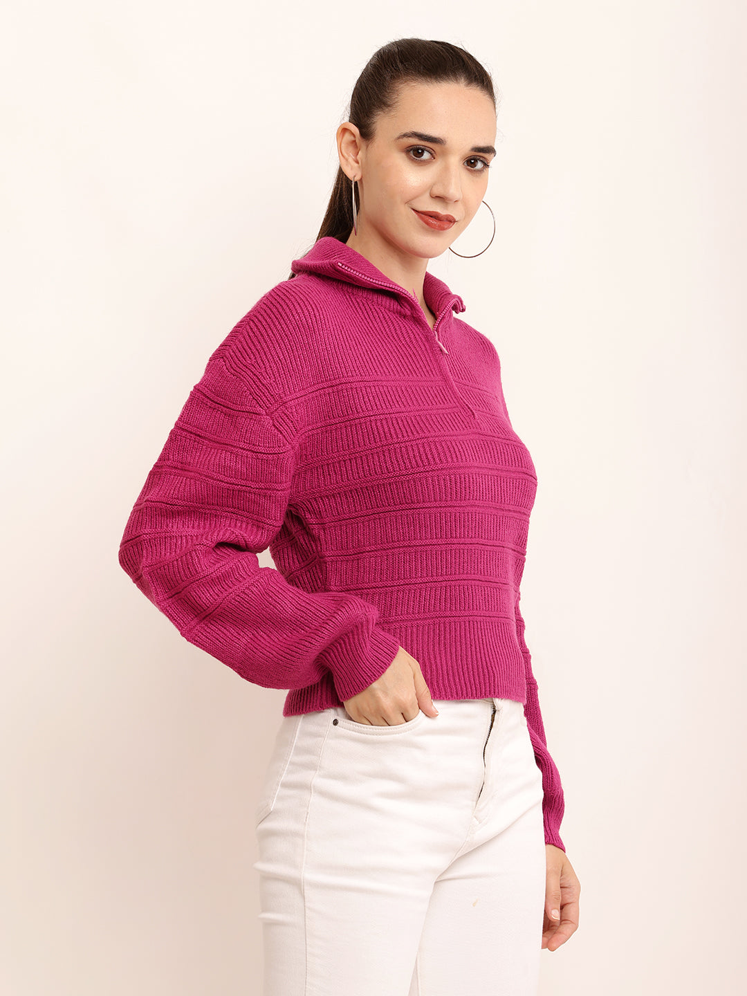 Women Solid Zip Pullover