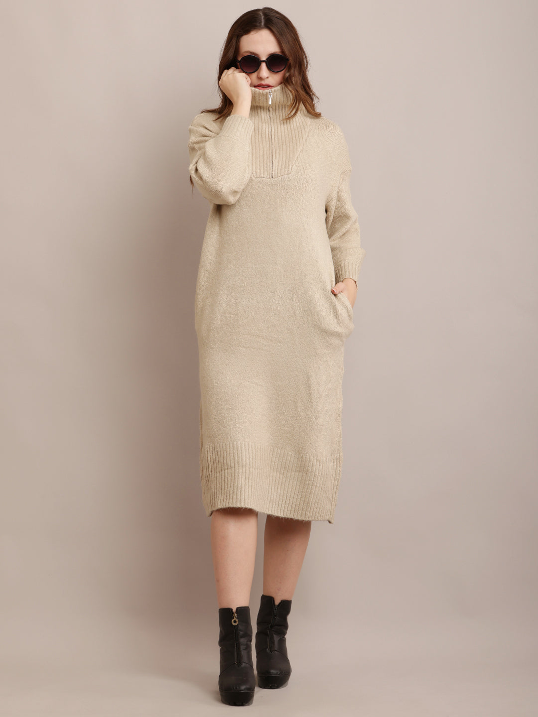 Women Acrylic Beige Sweater Dress