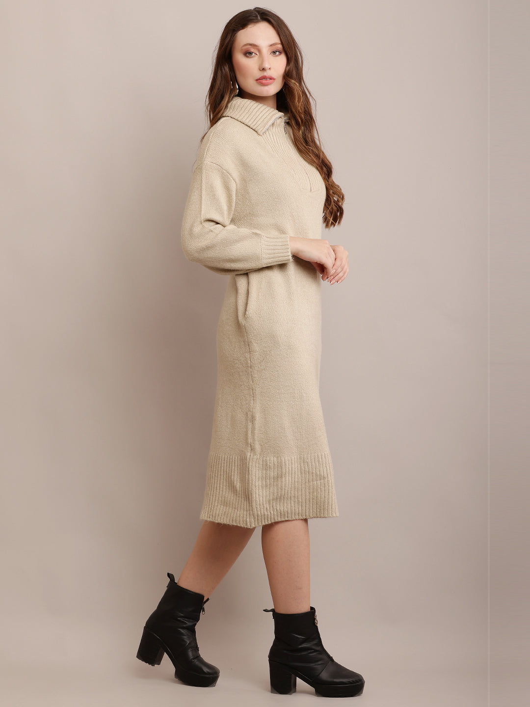 Women Acrylic Beige Sweater Dress