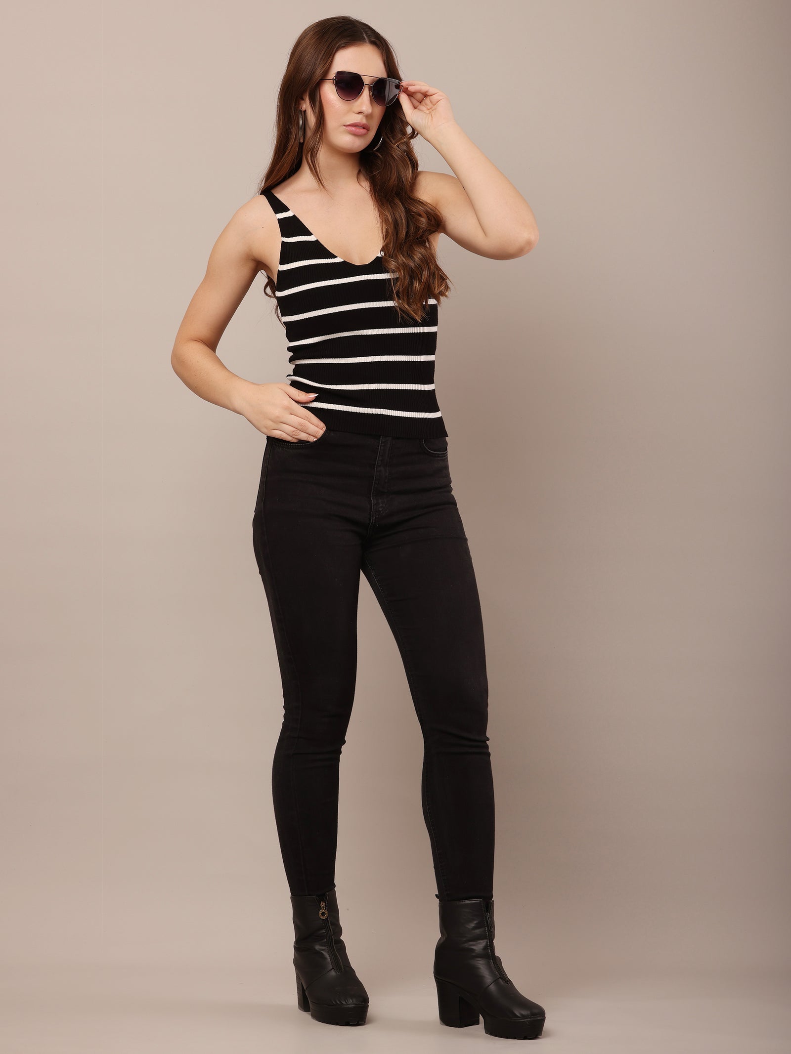 Women Viscose Sleeveless  Black & White Stripe Top