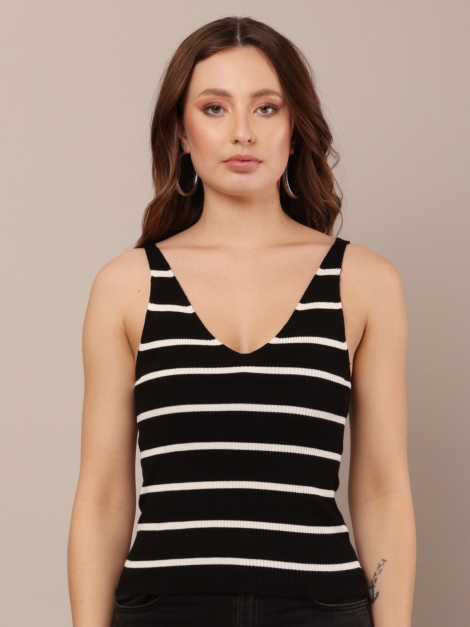 Women Viscose Sleeveless  Black & White Stripe Top