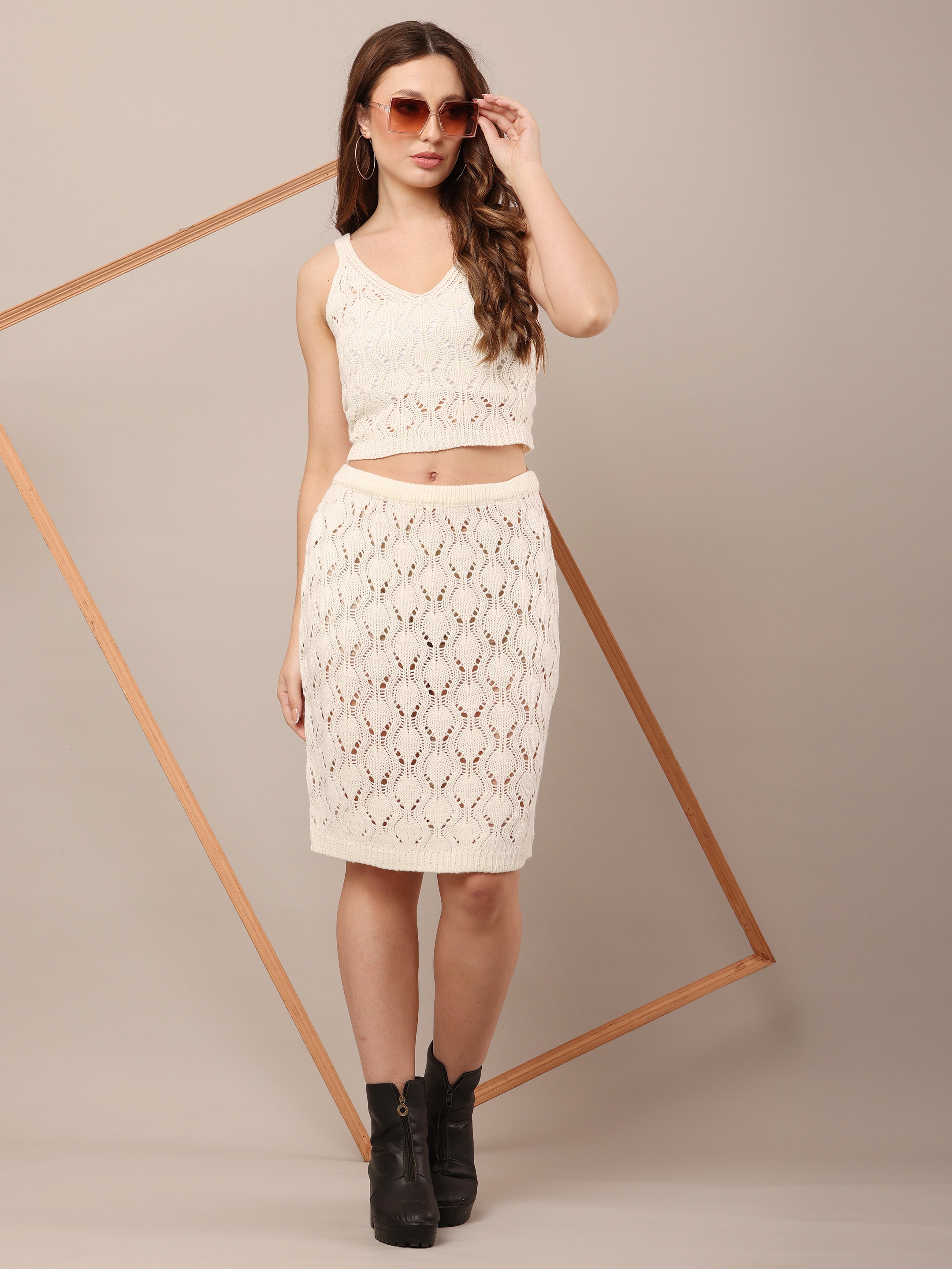 Women Cotton Mini Skirt Crochet White Co-Ord Set