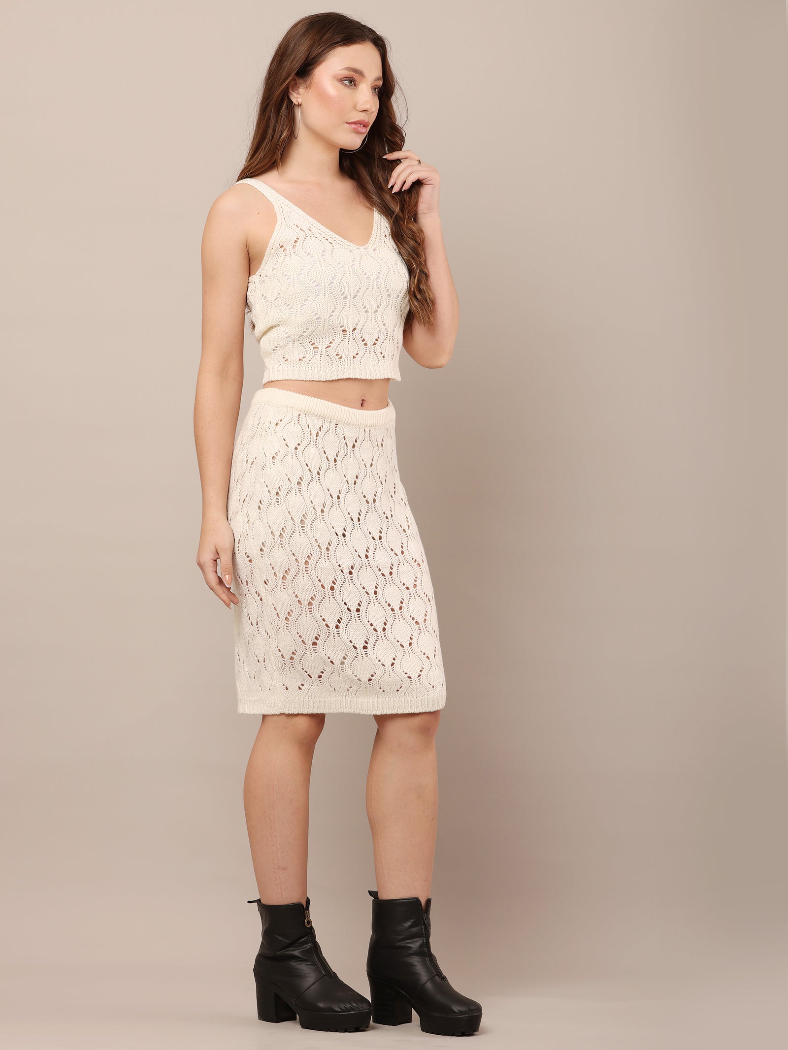 Women Cotton Mini Skirt Crochet White Co-Ord Set