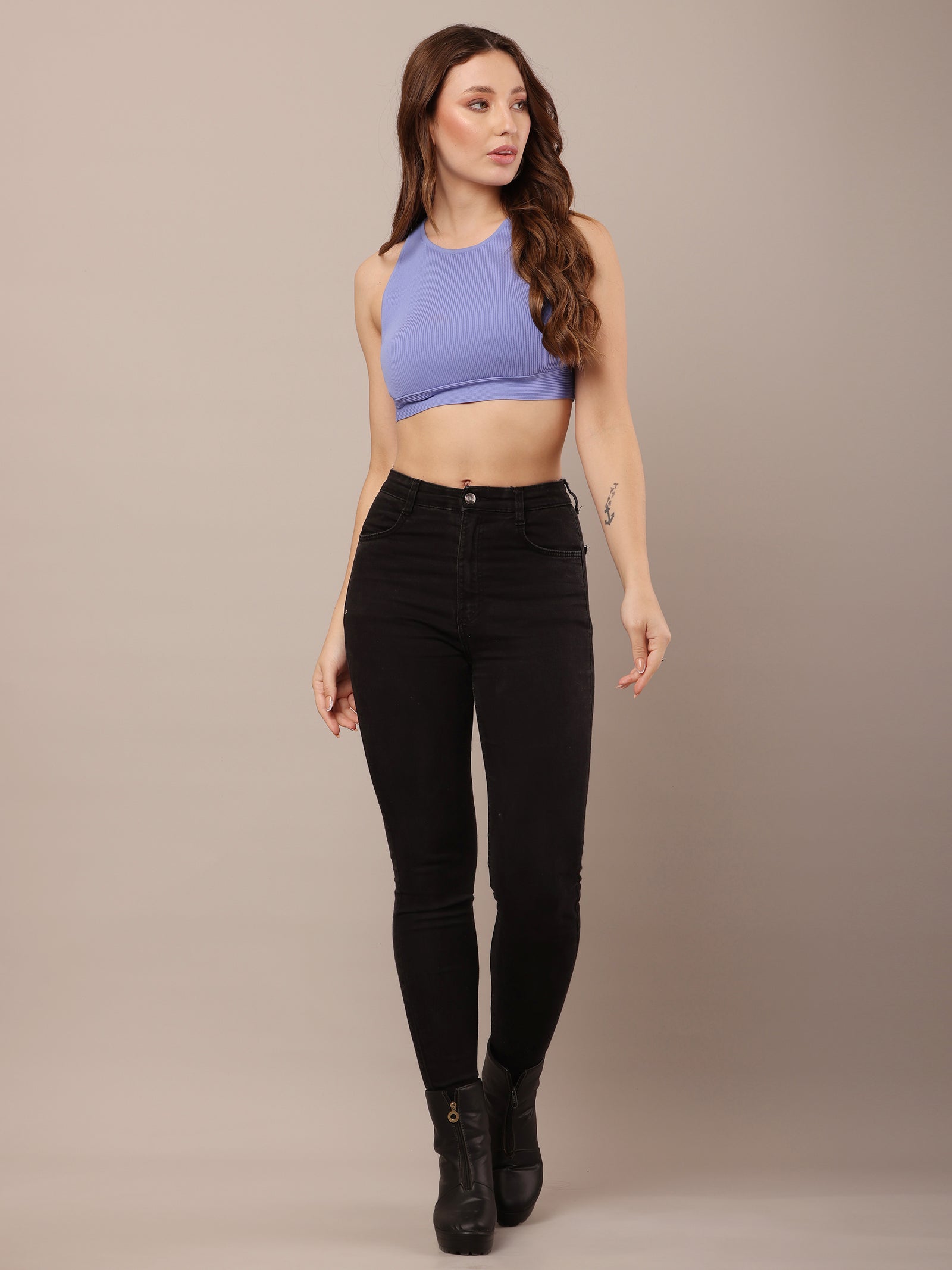 Women Nylon Ribbed Blue Fitted Crop Top