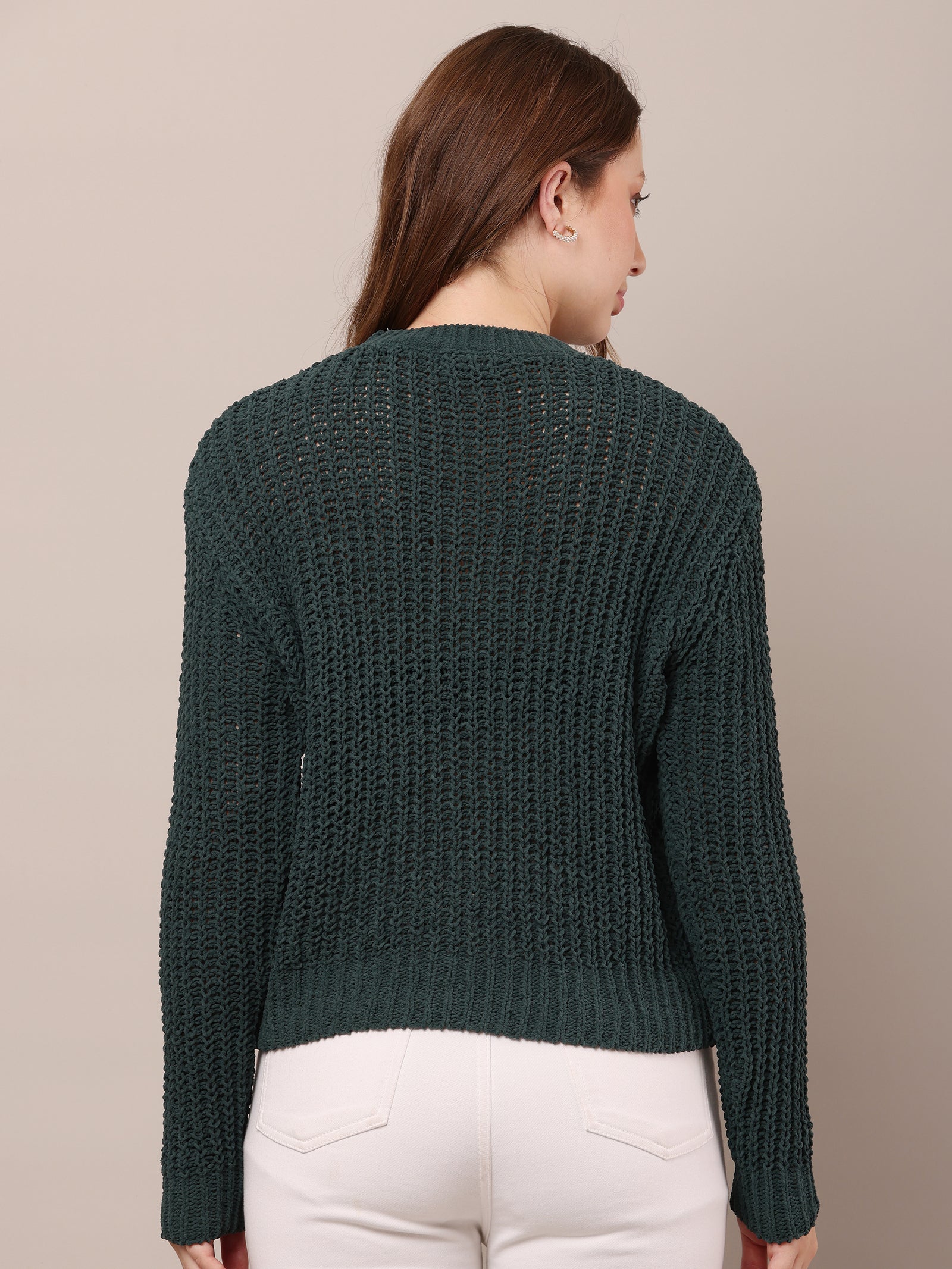 Women Cotton Full Sleeve Dark Green Sweater