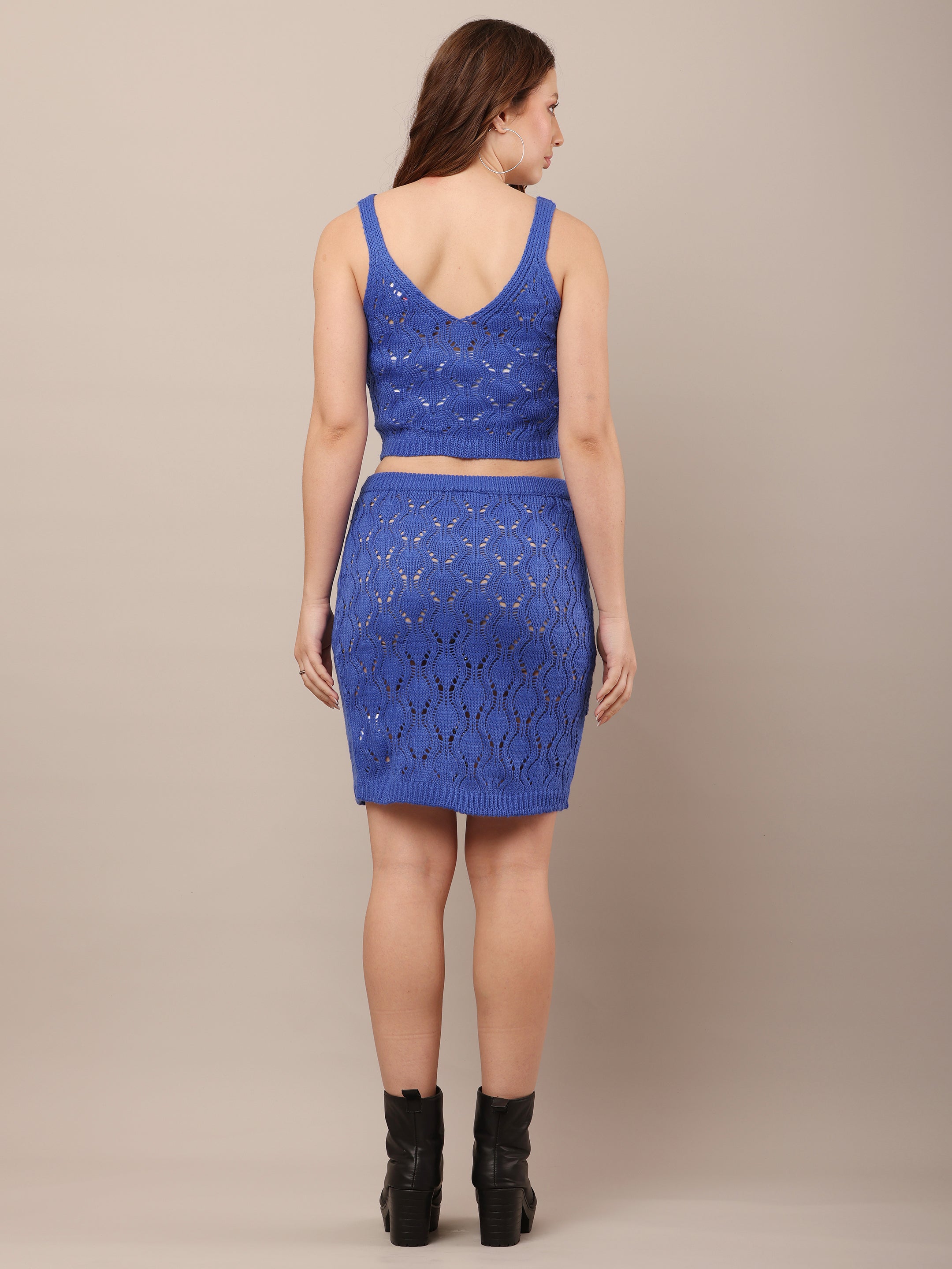 Women Cotton Mini Skirt Crochet Blue Co-Ord Set