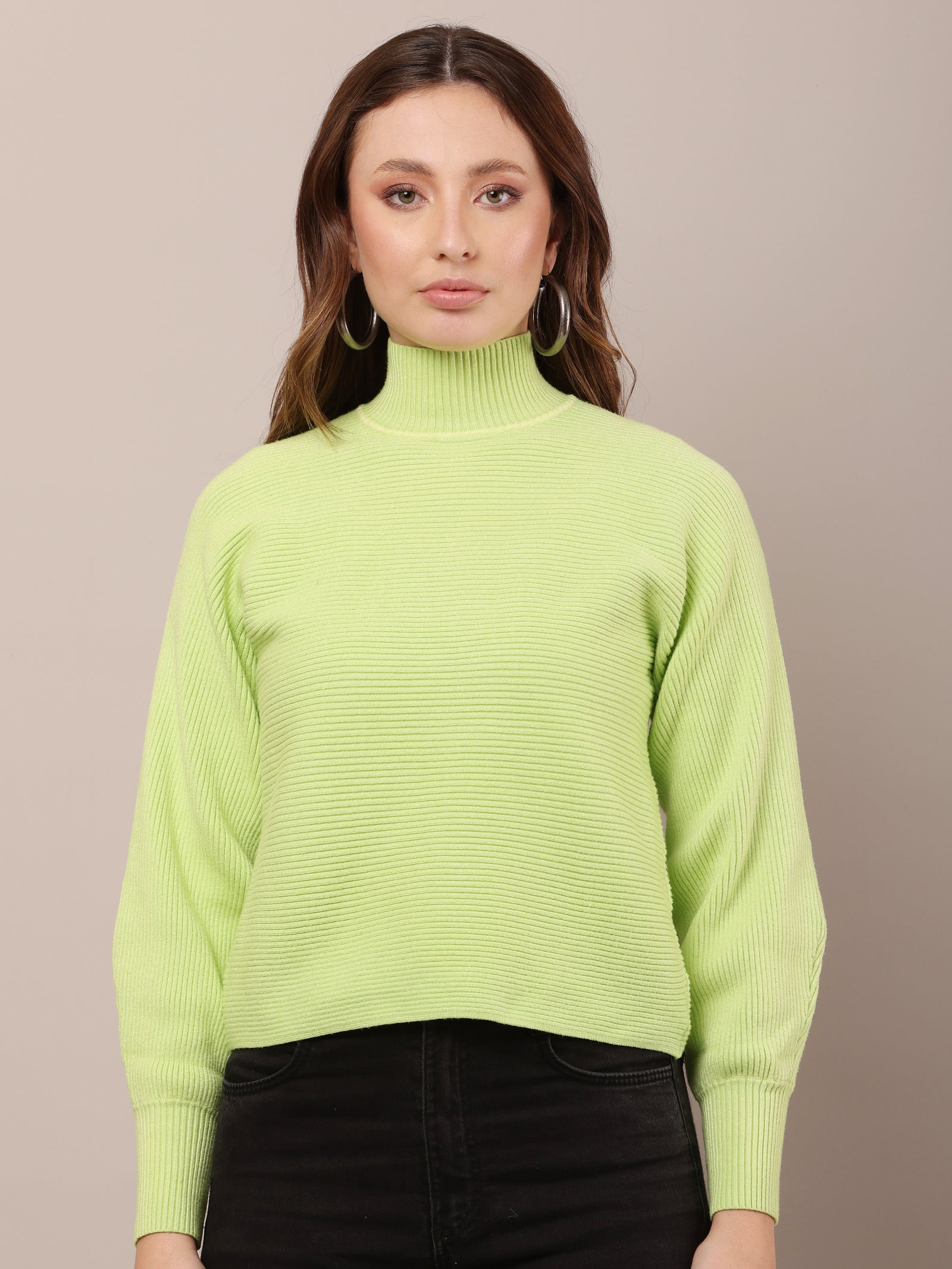 Women Acrylic Drop Shoulder Green sweater