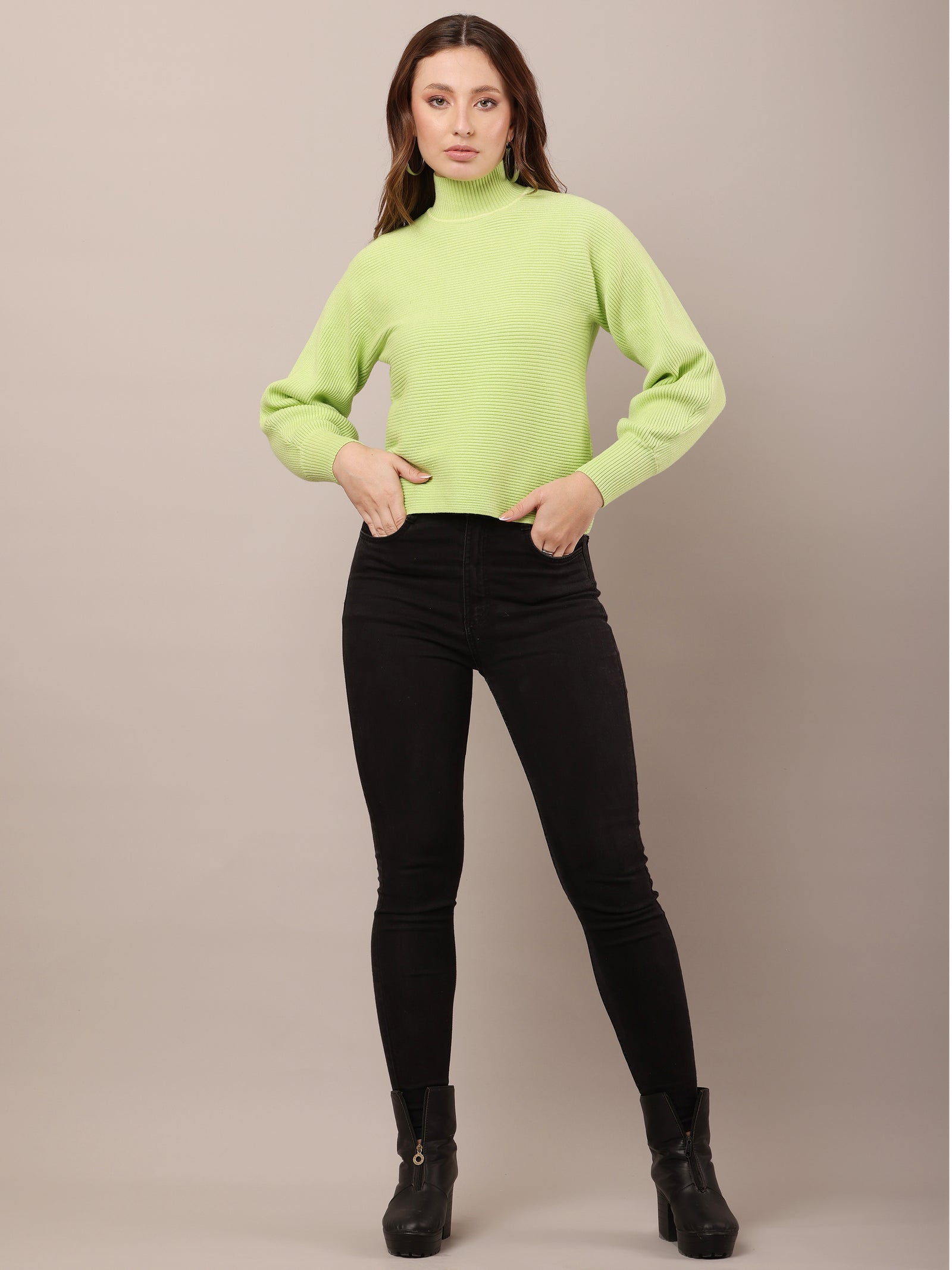 Women Acrylic Drop Shoulder Green sweater