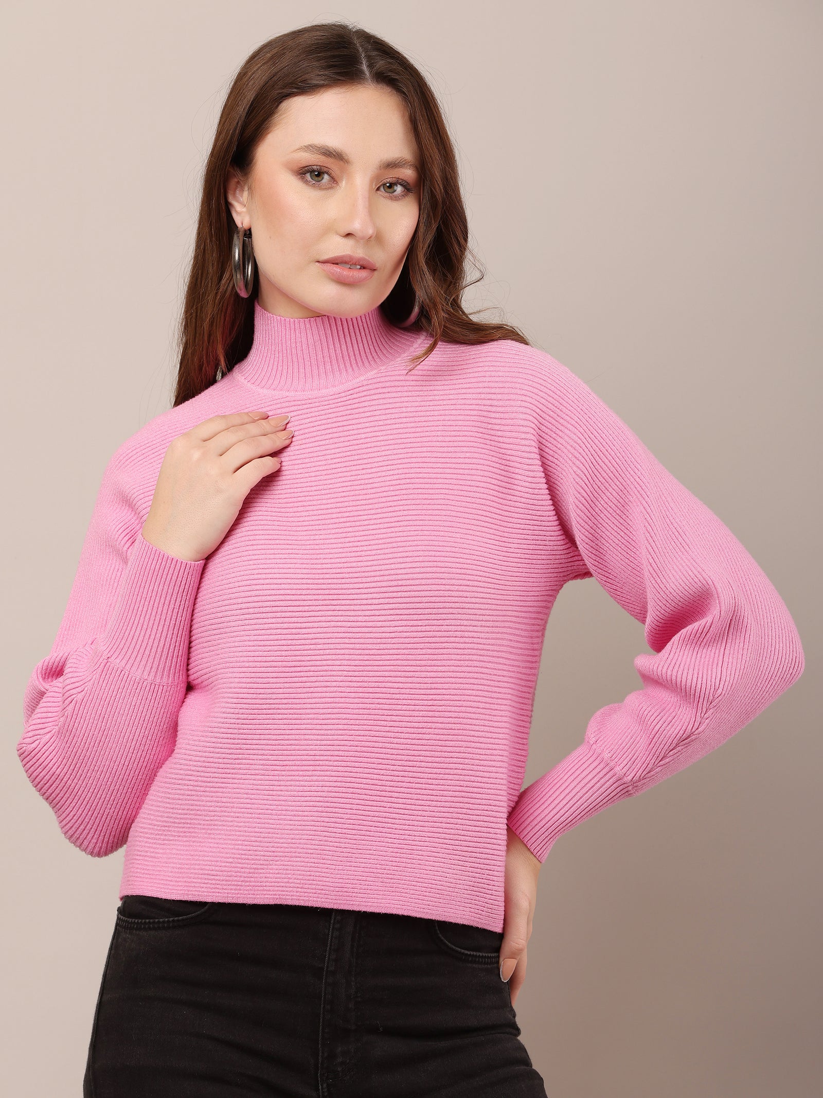 Women Acrylic Drop Shoulder Pink sweater