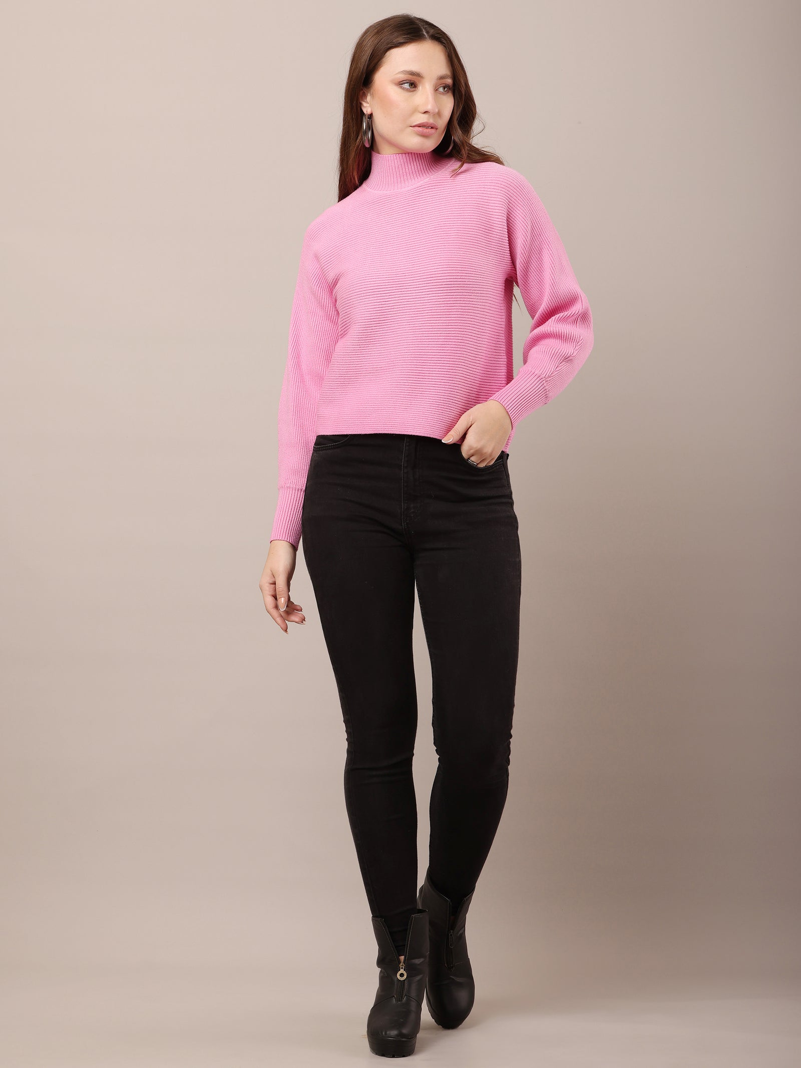 Women Acrylic Drop Shoulder Pink sweater