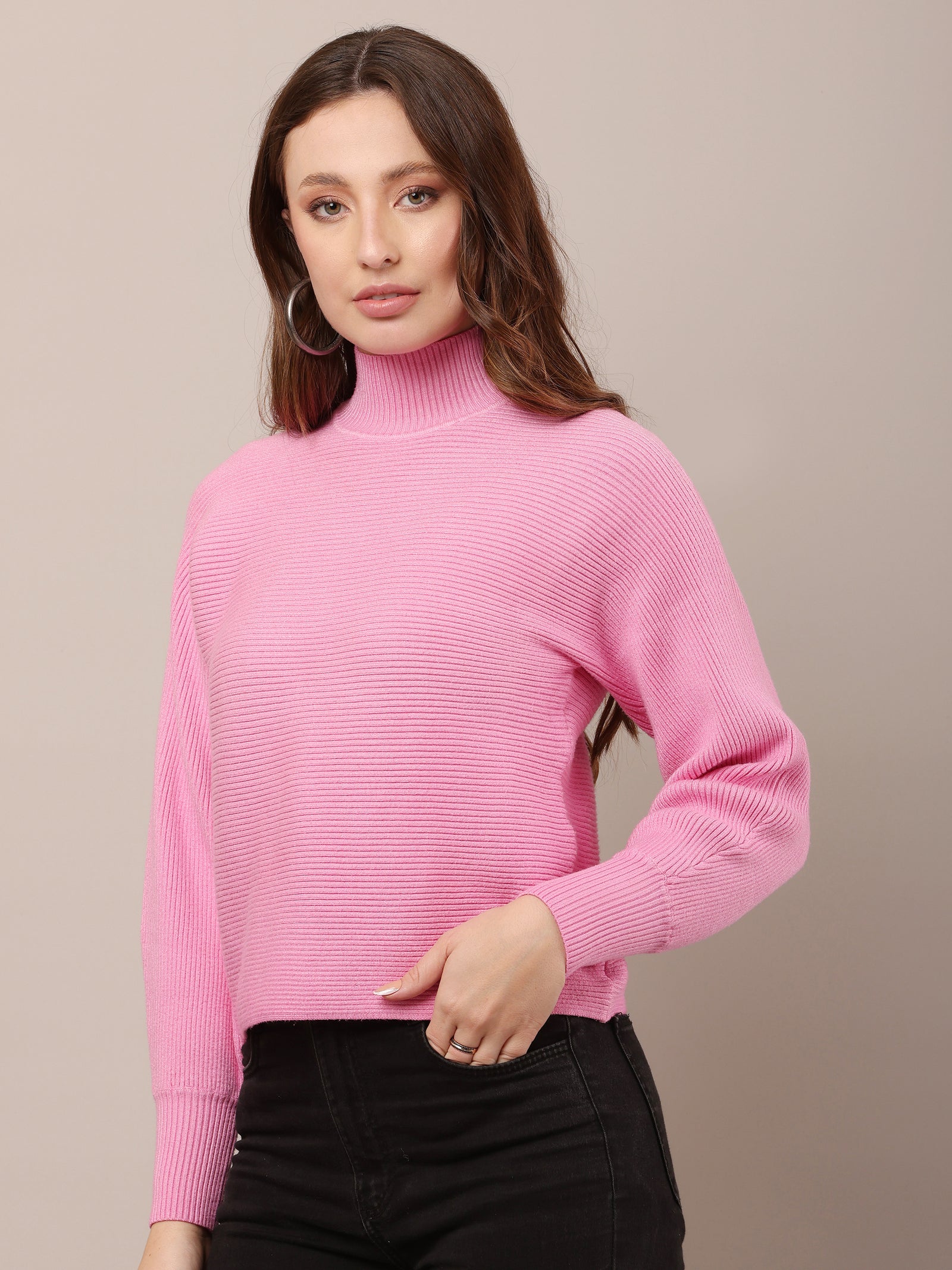 Women Acrylic Drop Shoulder Pink sweater