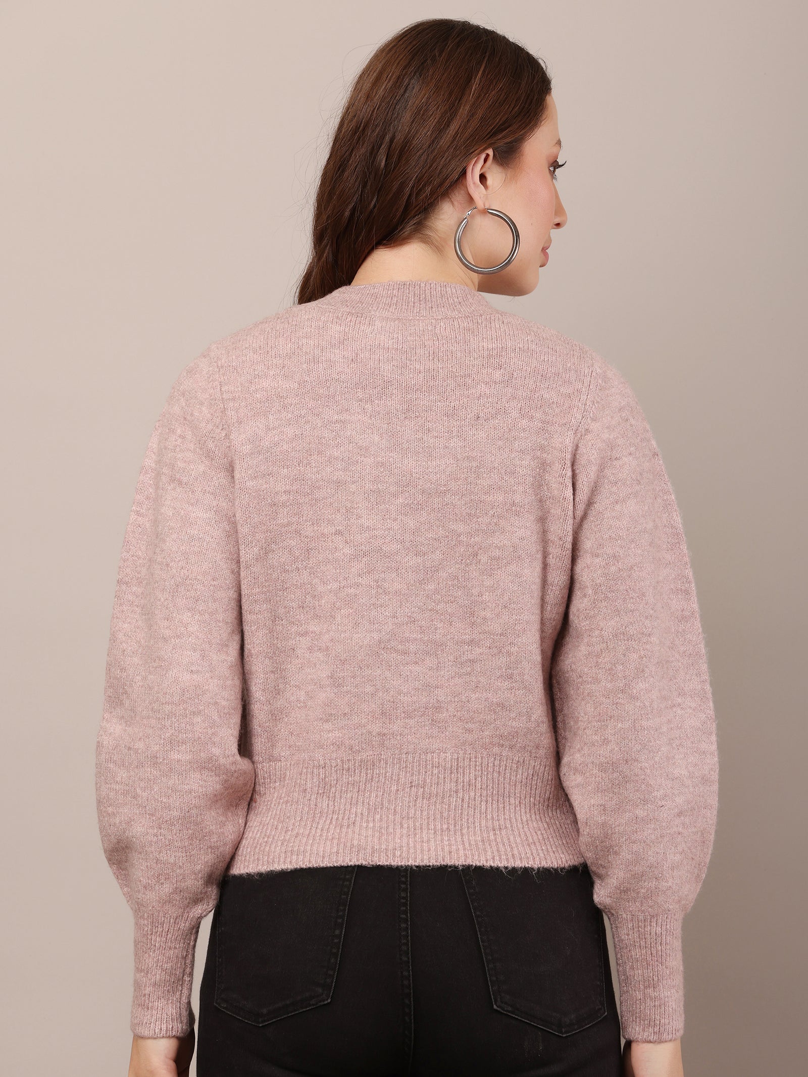 Women Acrylic Crew Neck Light Peach Sweater