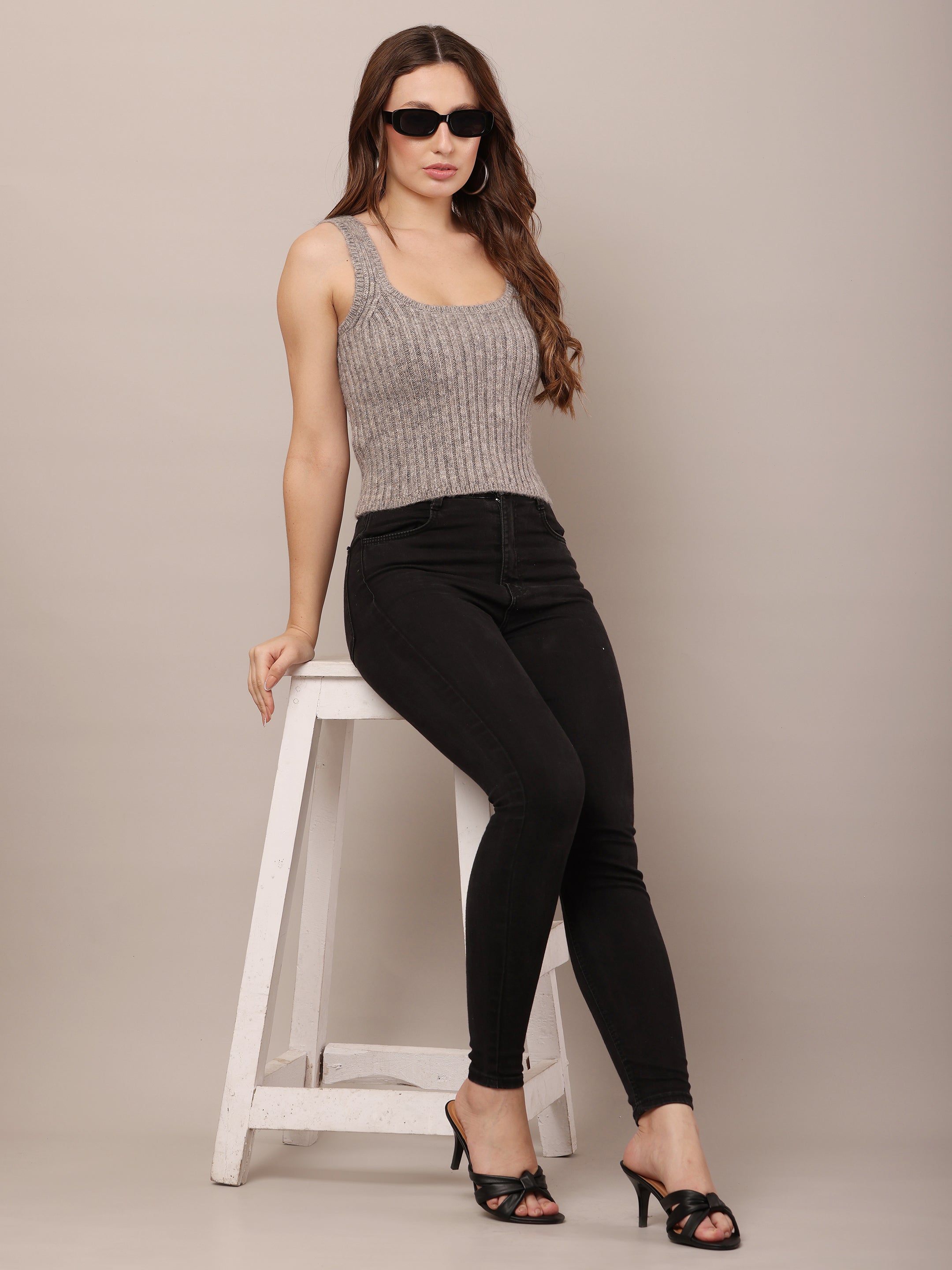 Women Acrylic Square Neck Grey Crop Top