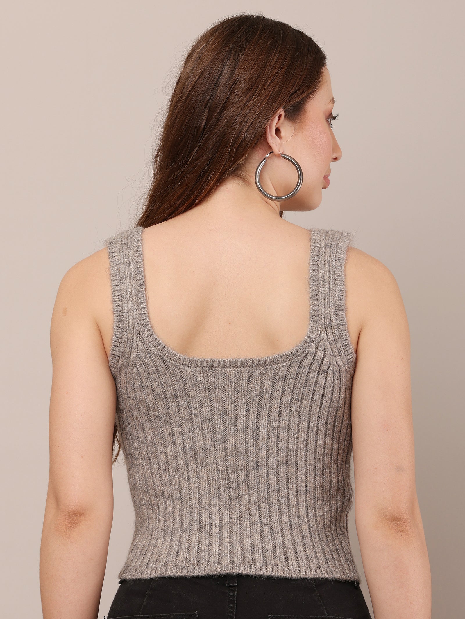 Women Acrylic Square Neck Grey Crop Top