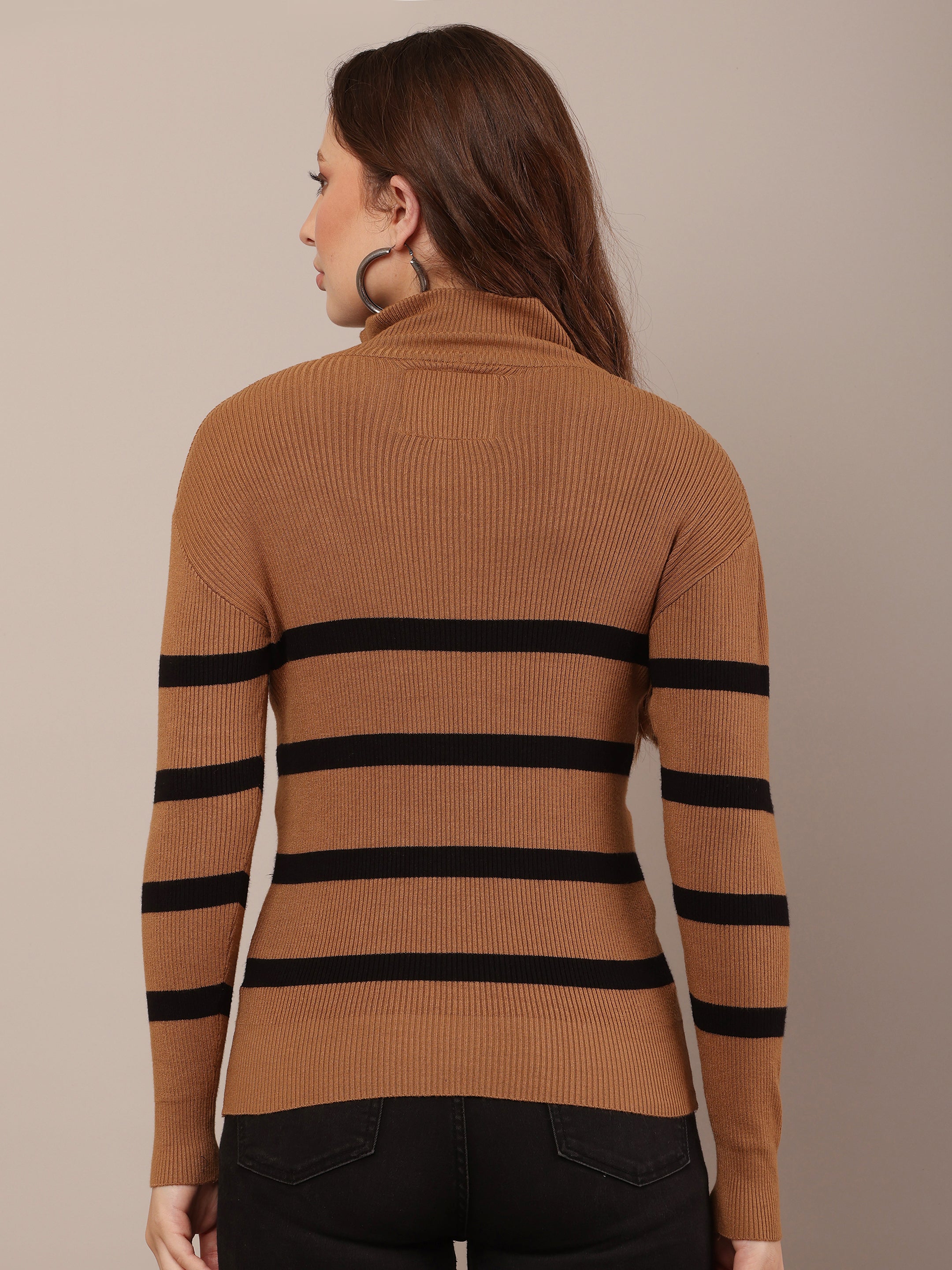 Women Viscose Brown and Black Striped Sweater