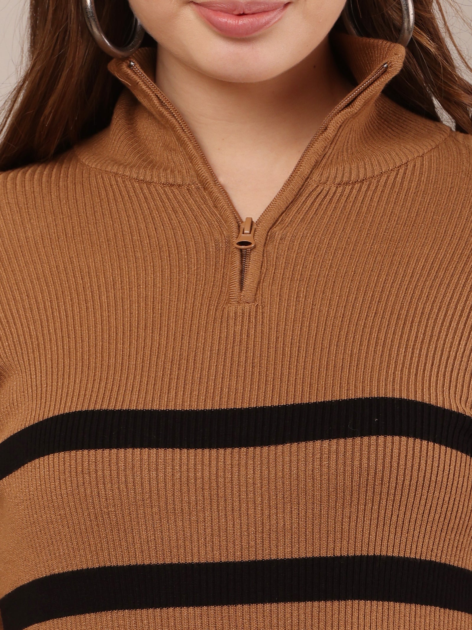 Women Viscose Brown and Black Striped Sweater