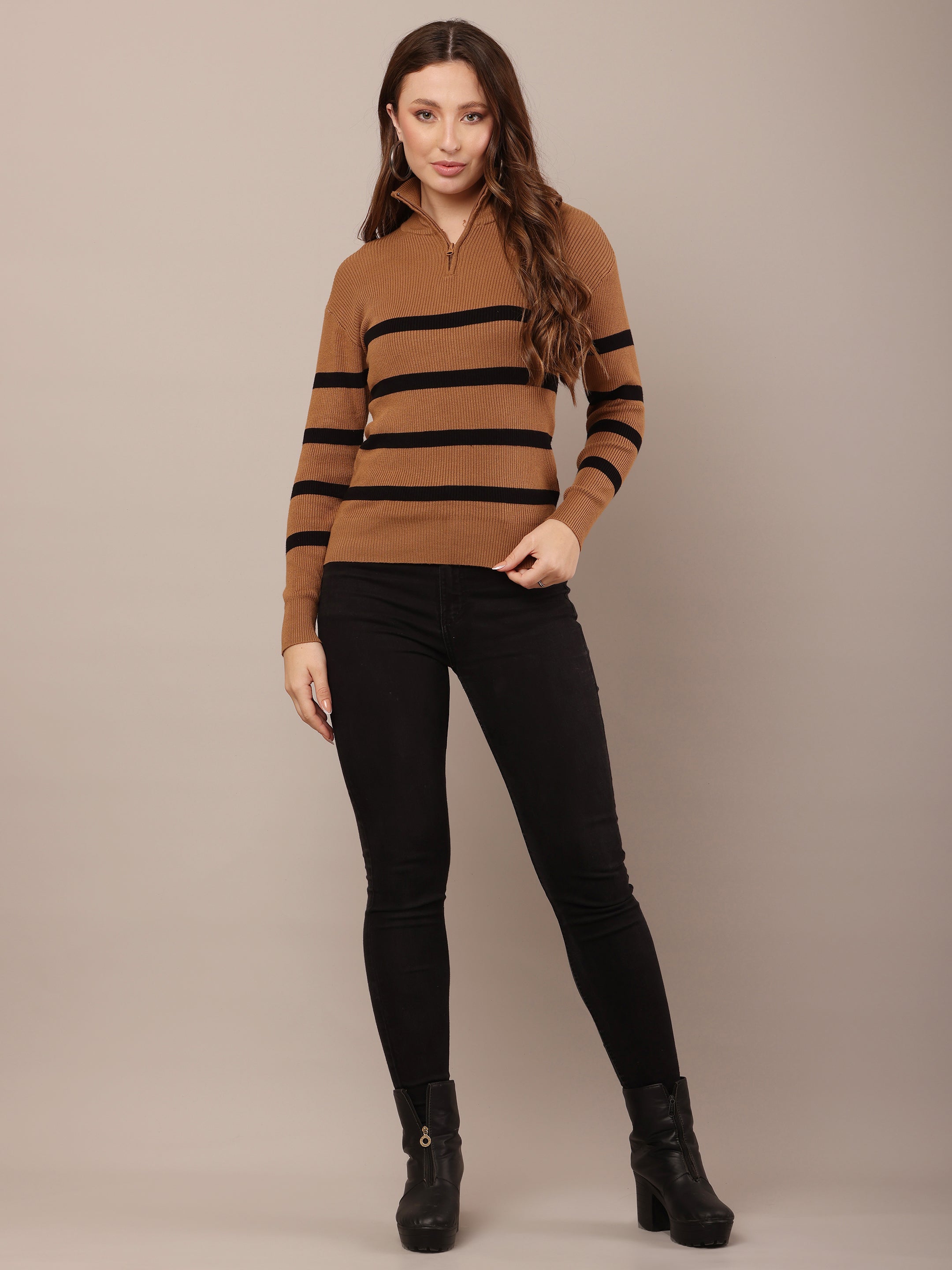 Women Viscose Brown and Black Striped Sweater