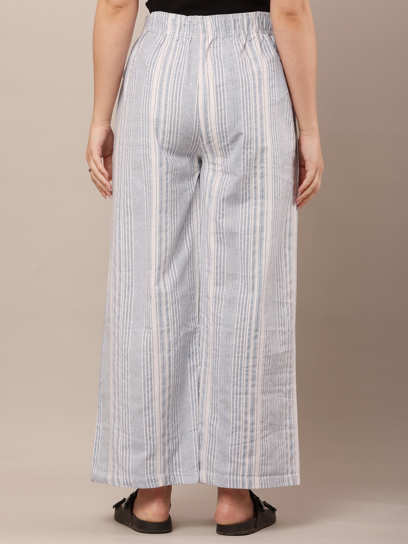 Women Cotton Blue & White Striped Pants