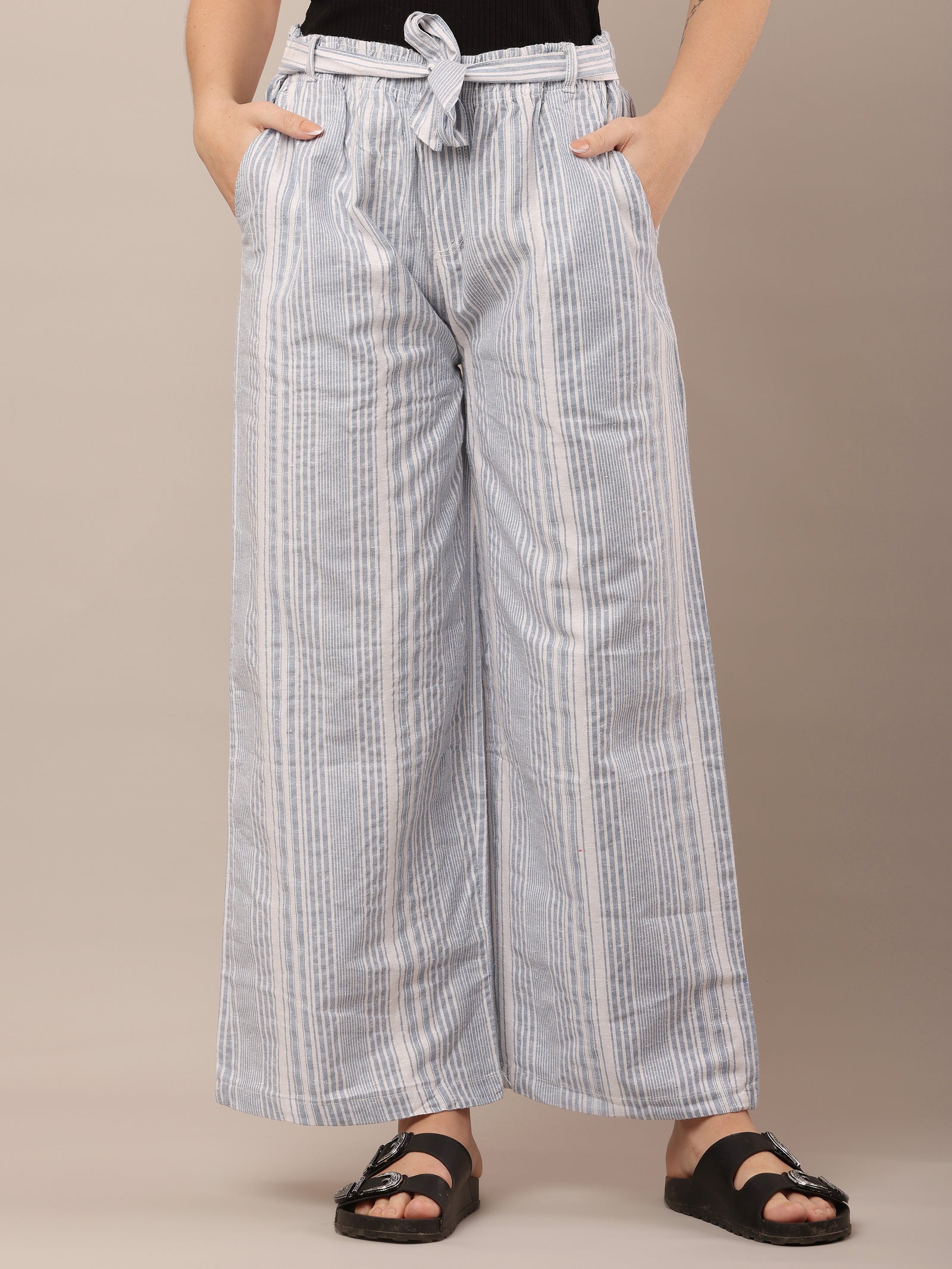 Women Cotton Blue & White Striped Pants