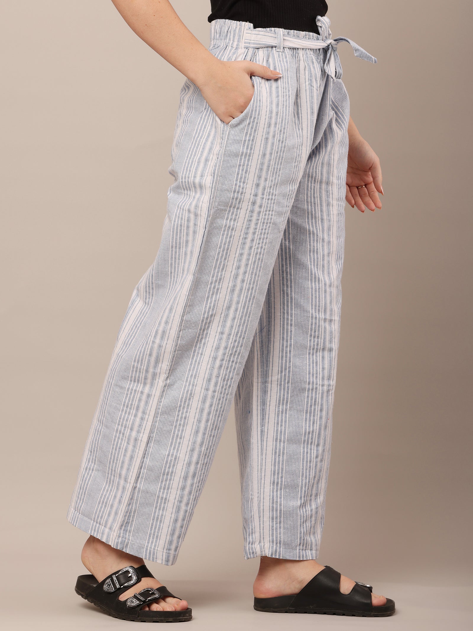 Women Cotton Blue & White Striped Pants