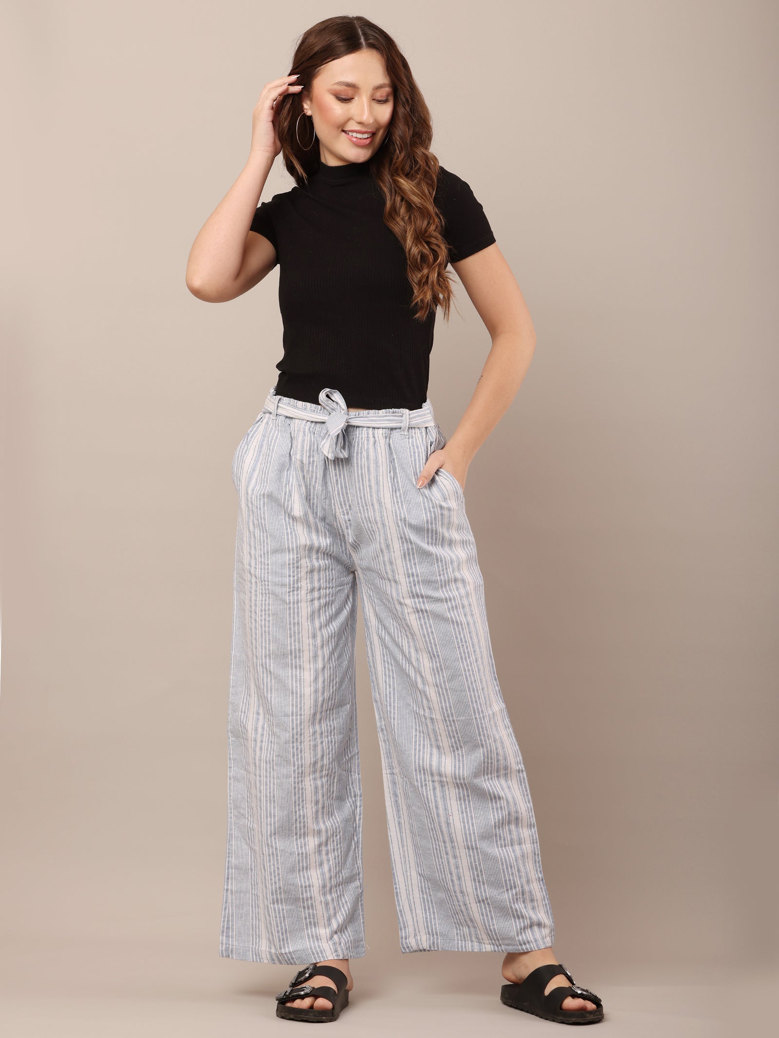 Women Cotton Blue & White Striped Pants