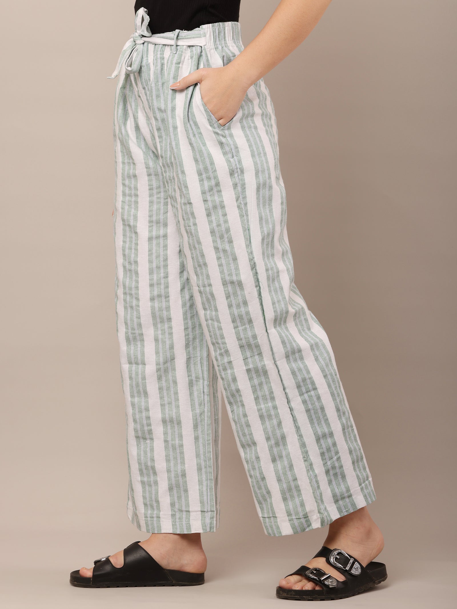 Women Cotton Green & White Striped Pants