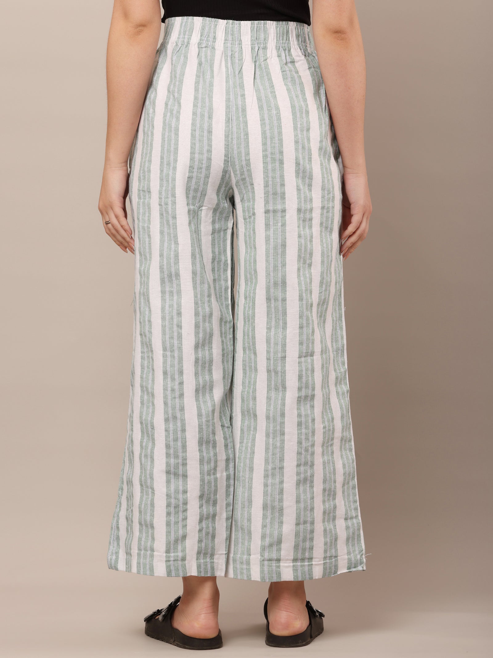 Women Cotton Green & White Striped Pants