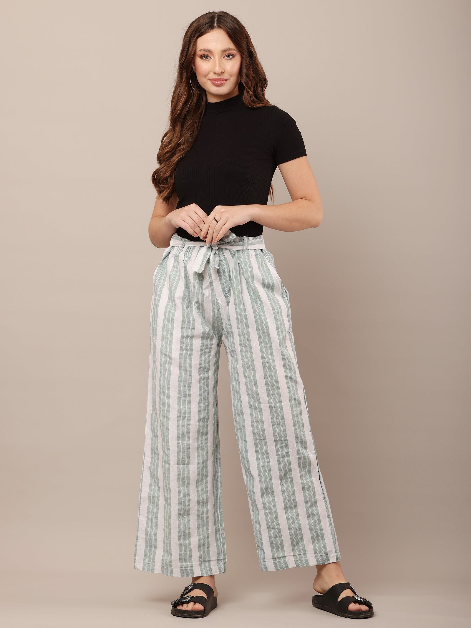 Women Cotton Green & White Striped Pants