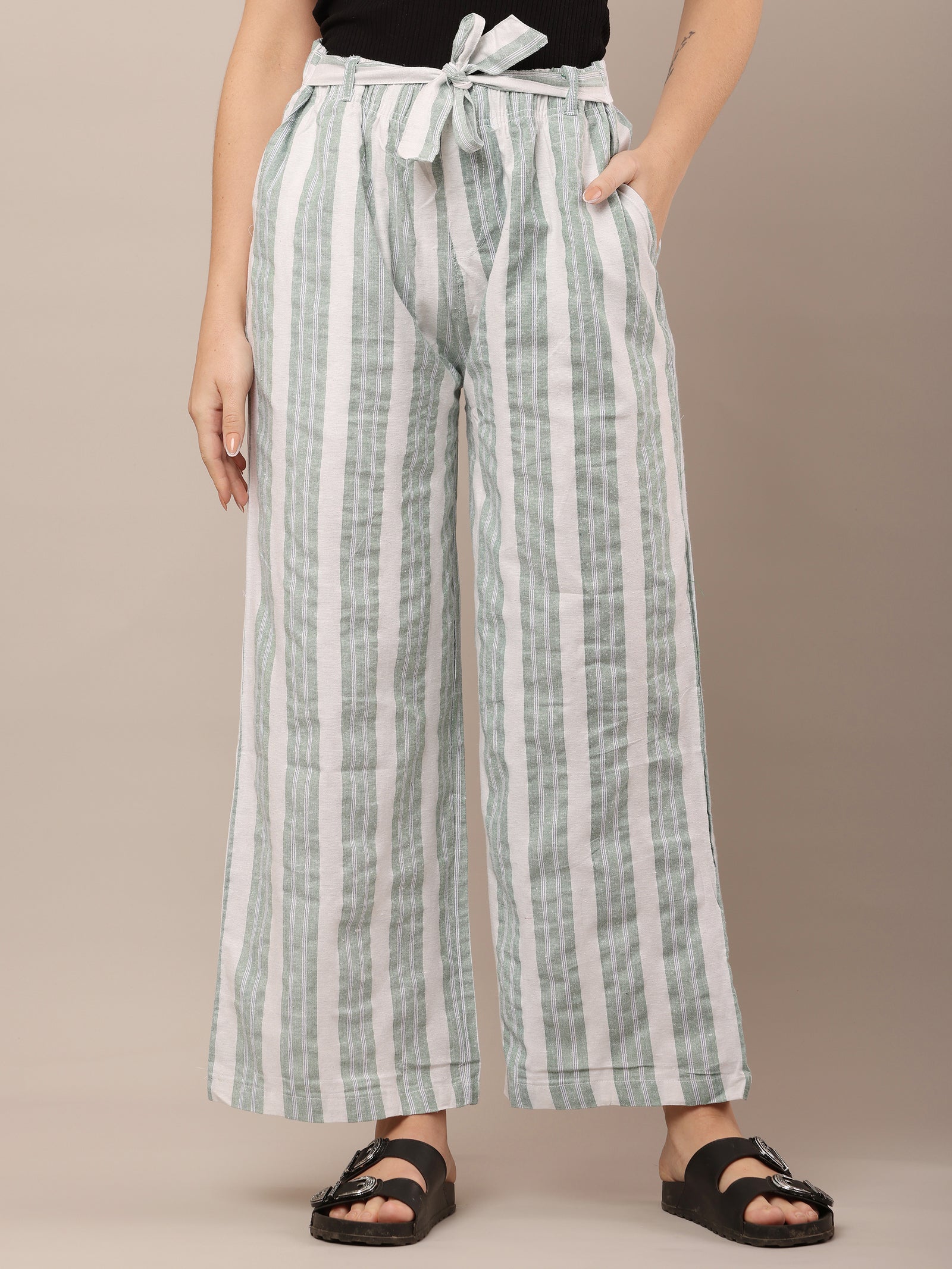 Women Cotton Green & White Striped Pants